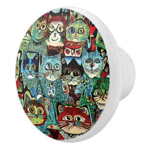 Bouton De Porte En Céramique Chats Anthropomorphes Victoriens Aux Couleurs Terr