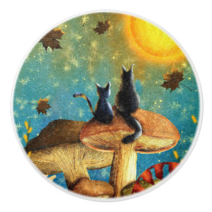 Bouton De Porte En Céramique Chats de champignons