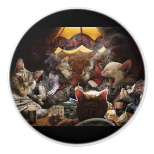 Bouton De Porte En Céramique Chats jouant au poker