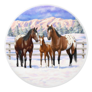 Bouton De Porte En Céramique Chevaux Appaloosa De Baie Brown En Neige