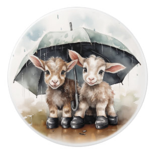 Bouton De Porte En Céramique Chèvres adorables dans la pluie