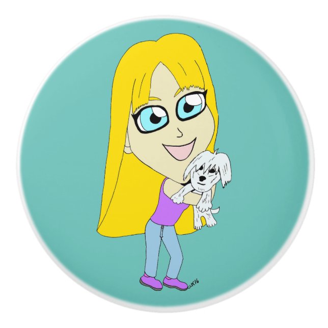 Bouton De Porte En Céramique Chibi avec un chiot (Devant)