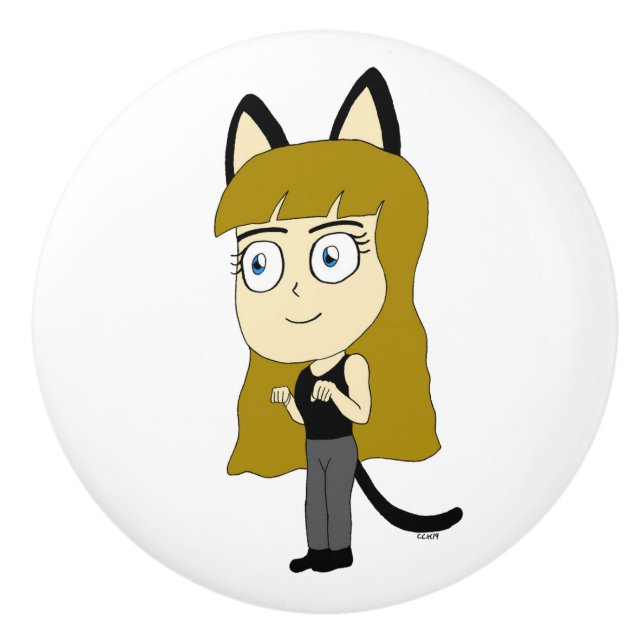 Bouton De Porte En Céramique chibi catgirl (Devant)