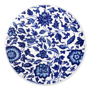 Bouton De Porte En Céramique Chinois bleu marine foncé motif floral sur blanc