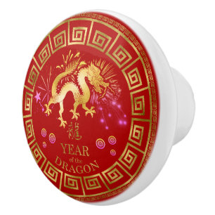Bouton De Porte En Céramique Chinois Zodiac Dragon Rouge/Or ID542