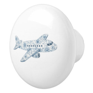 Bouton De Porte En Céramique Chinoiserie Avion Bleu