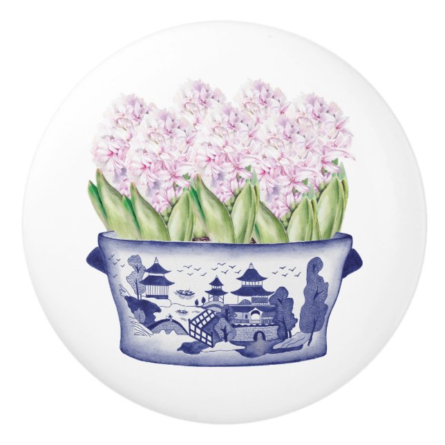 Bouton De Porte En Céramique Chinoiserie Hyacinthes roses (Devant)