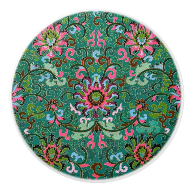 Bouton De Porte En Céramique chinoiserie orientale florale (Devant)