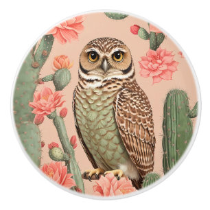 Bouton De Porte En Céramique Chouette effraie élégante et cactus