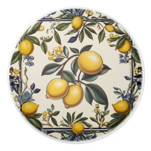 Bouton De Porte En Céramique Citrons de citron Feuille bleu et blanc