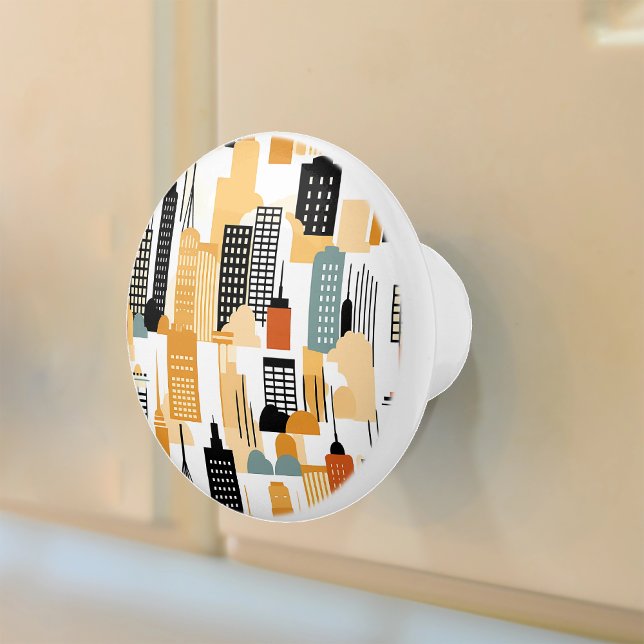 Bouton De Porte En Céramique Cityscape Noir Blanc Orange (Créateur téléchargé)