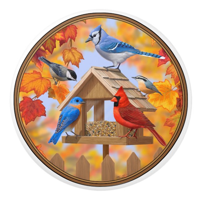 Bouton De Porte En Céramique Collecte d'oiseaux d'automne (Devant)