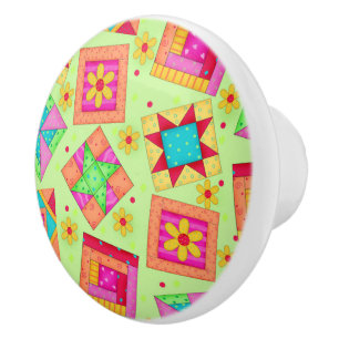 Bouton De Porte En Céramique Coloré vert Quilt Patchwork Block Art