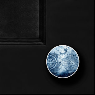 Bouton De Porte En Céramique Compas vintage   Bleu Grunge carte marine