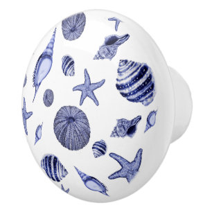 Bouton De Porte En Céramique Coquillages bleus et blancs