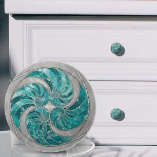 Bouton De Porte En Céramique Coquille de Nautilus Aquamarine et Nacre