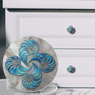 Bouton De Porte En Céramique Coquille de Nautilus Bleu Marbre et Nacre