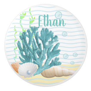 Bouton De Porte En Céramique Corail bleu, coquillages et oreiller bleu Pearl Th