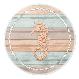 Bouton De Porte En Céramique Corail, Turquoise & Tan Beach Wood - Hippocampe na