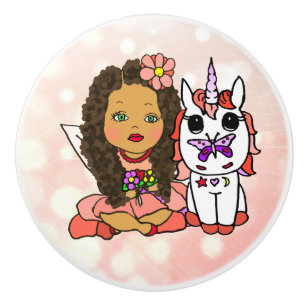 Bouton De Porte En Céramique Coral Bokeh Fairy and Unicorn