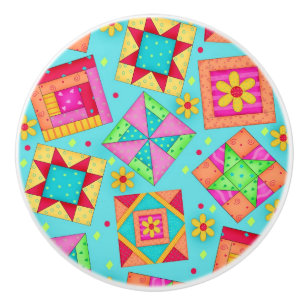 Bouton De Porte En Céramique Couleur Turquoise bleu Quilt Patchwork Block Art