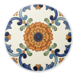 Bouton De Porte En Céramique Country Folk Flower Mediterranean Blue Orange