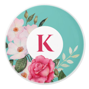 Bouton De Porte En Céramique Couronne de roses blanches et roses aquarelle