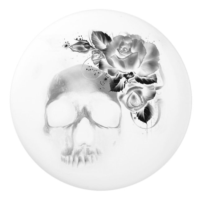 Bouton De Porte En Céramique Crâne et roses (Devant)