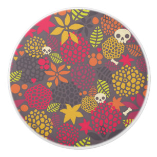 Bouton De Porte En Céramique Crânes et fleurs