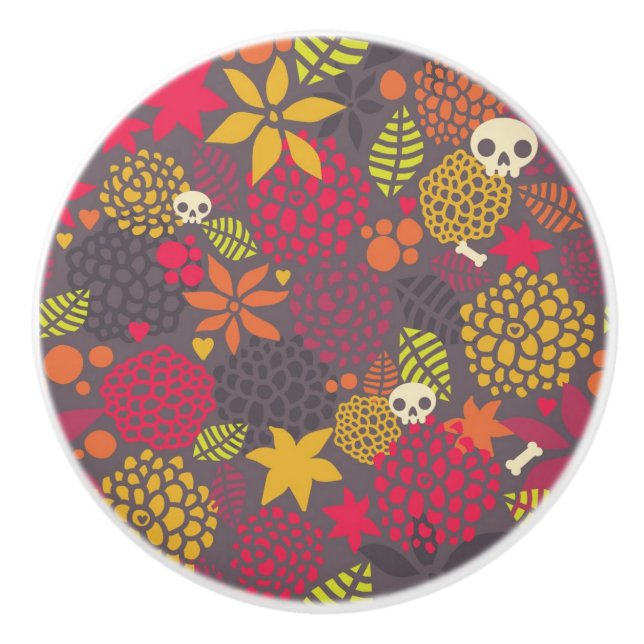 Bouton De Porte En Céramique Crânes et fleurs (Devant)