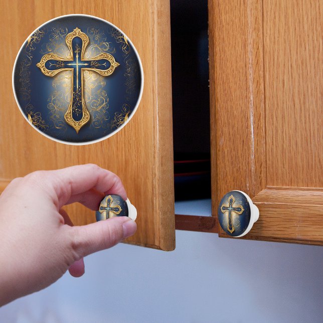 Bouton De Porte En Céramique Croix d'or en bleu (Créateur téléchargé)