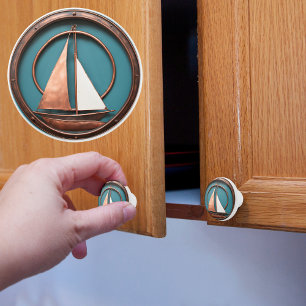 Bouton De Porte En Céramique Cuivre et Turquois Voilier