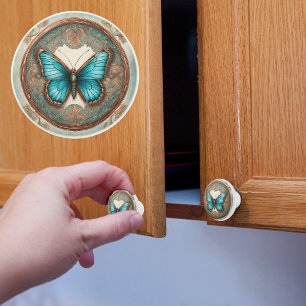 Bouton De Porte En Céramique Cuivre Turquoise encadré Moth