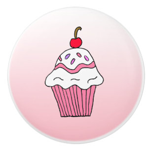 Bouton De Porte En Céramique Cupcake Whimsical rose avec cerise sur le dessus