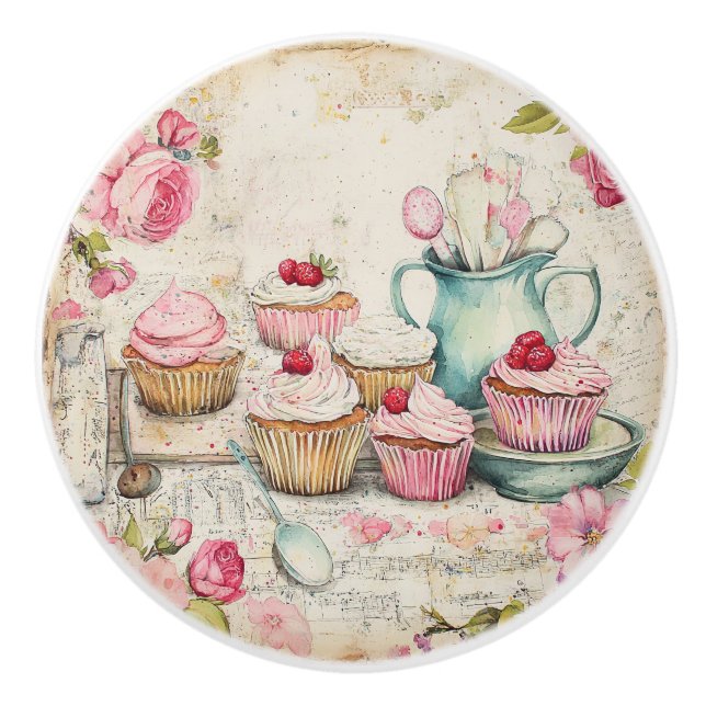 Bouton De Porte En Céramique Cupcakes roses (Devant)