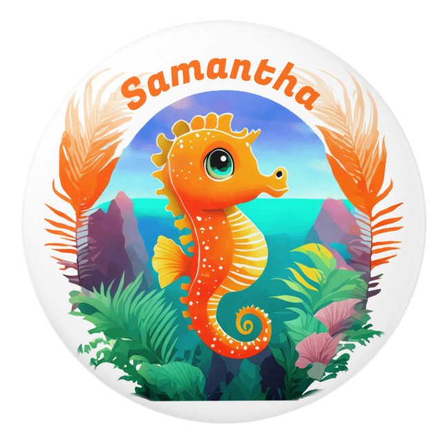 Bouton De Porte En Céramique Cute Orange Seahorse style Cartoon (Devant)