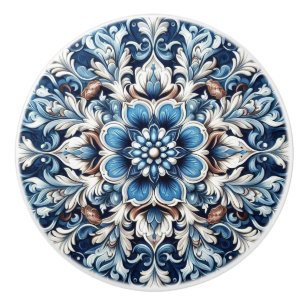 Bouton De Porte En Céramique Damas bleu Fleur Mandala