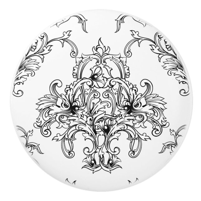 Bouton De Porte En Céramique Damas noir et blanc (Devant)