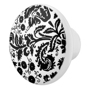 Bouton De Porte En Céramique Damassé florale de tourbillonnement noire et