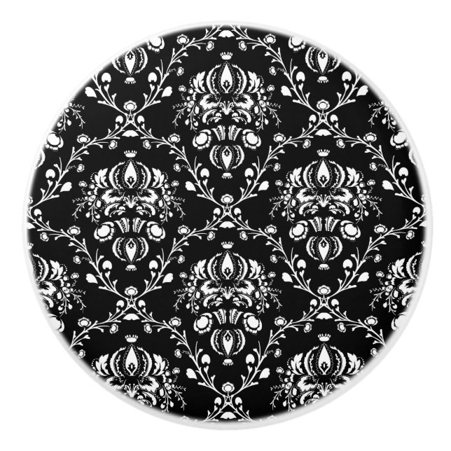 Bouton De Porte En Céramique Damassé noire et blanche (Devant)