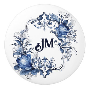 Bouton De Porte En Céramique Décor Delft bleu et blanc avec fleurs