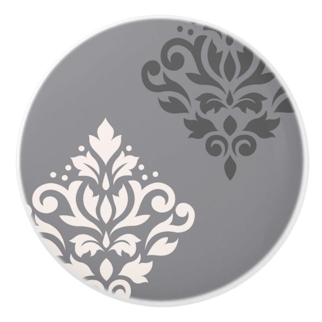 Bouton De Porte En Céramique Défiler Damask Art I Cream & Gris (Devant)