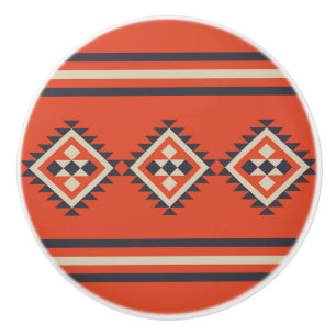 Bouton De Porte En Céramique Design aztèque dans les tons orange, beige et bleu