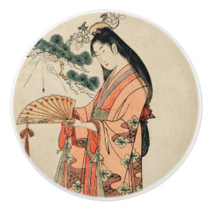 Bouton De Porte En Céramique Dessin de bois japonais antique avec une femme
