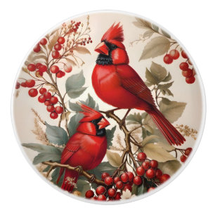 Bouton De Porte En Céramique Deux Oiseaux Cardinaux Rouges Du Nord Et Des Berri