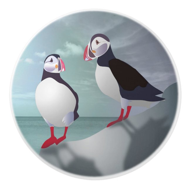 Bouton De Porte En Céramique Deux Puffins (Devant)