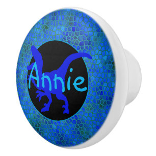 Bouton De Porte En Céramique Dinosaure Bleu Personnalisé Caché