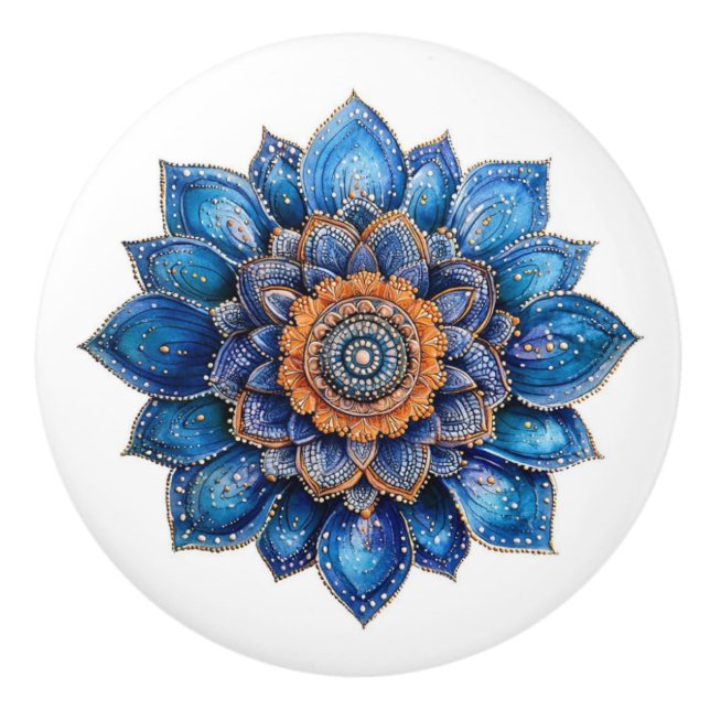 Bouton De Porte En Céramique Doodle bleu 3D Mandala (Devant)