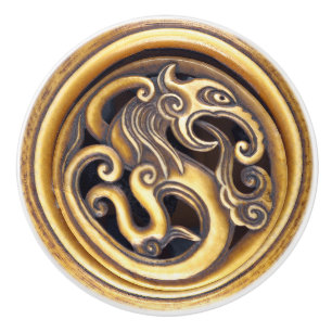 Bouton De Porte En Céramique Dragon doré sculpté Netsuke Oriental Maculine Yang