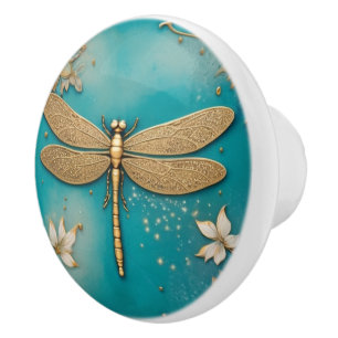 Bouton De Porte En Céramique Dragonfly Turquoise Turquoise & Gold Faux Relief A
